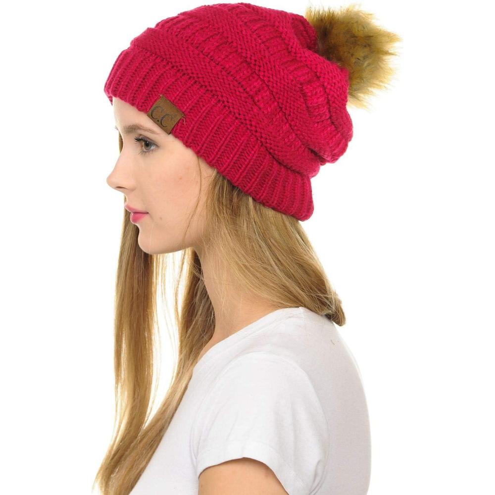 imageCC Hat43 Thick Warm Cap Hat Skully Faux Fur Pom Pom Cable Knit Beanie 2 PackHot Pink
