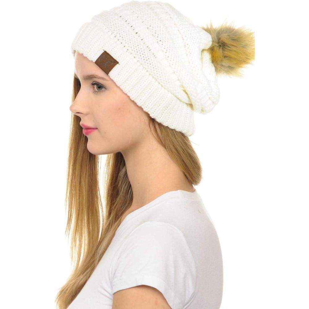 imageCC Hat43 Thick Warm Cap Hat Skully Faux Fur Pom Pom Cable Knit Beanie 2 PackIvory