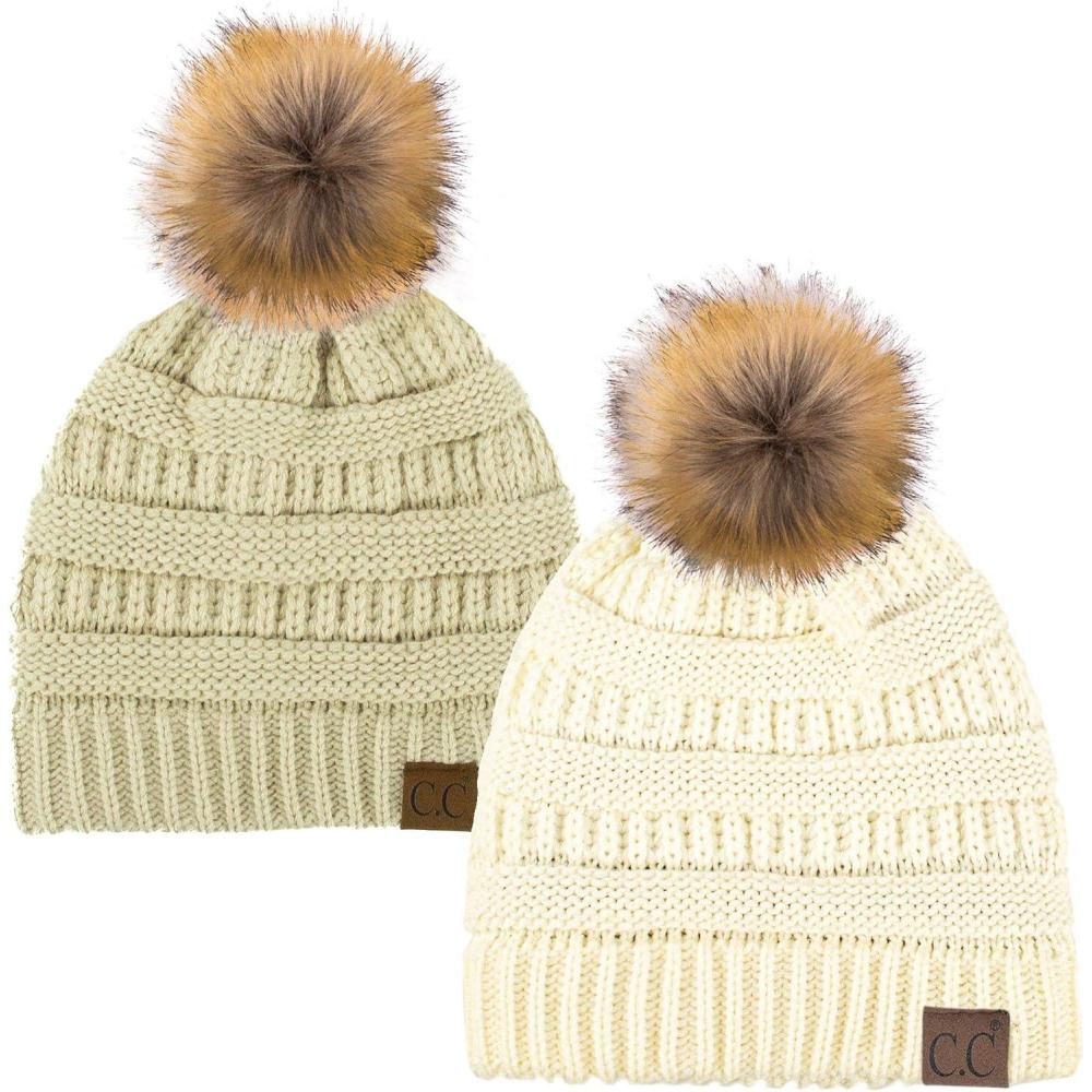imageCC Hat43 Thick Warm Cap Hat Skully Faux Fur Pom Pom Cable Knit Beanie 2 PackIvoryBeige