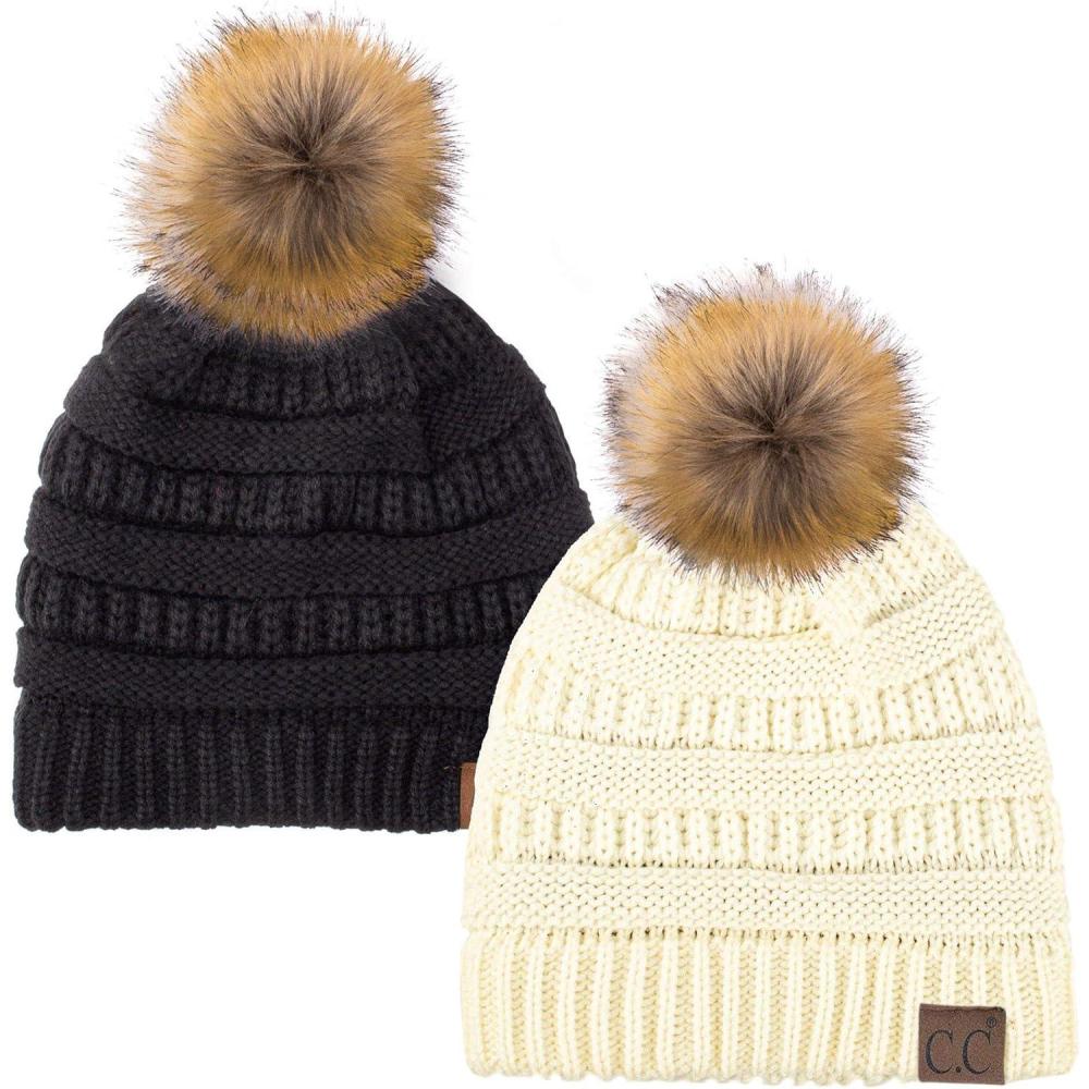 imageCC Hat43 Thick Warm Cap Hat Skully Faux Fur Pom Pom Cable Knit Beanie 2 PackIvoryBlack