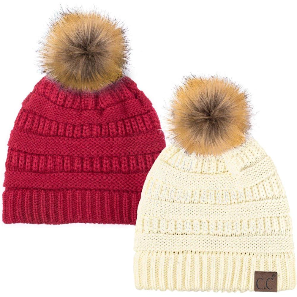 imageCC Hat43 Thick Warm Cap Hat Skully Faux Fur Pom Pom Cable Knit Beanie 2 PackIvoryBurgundy
