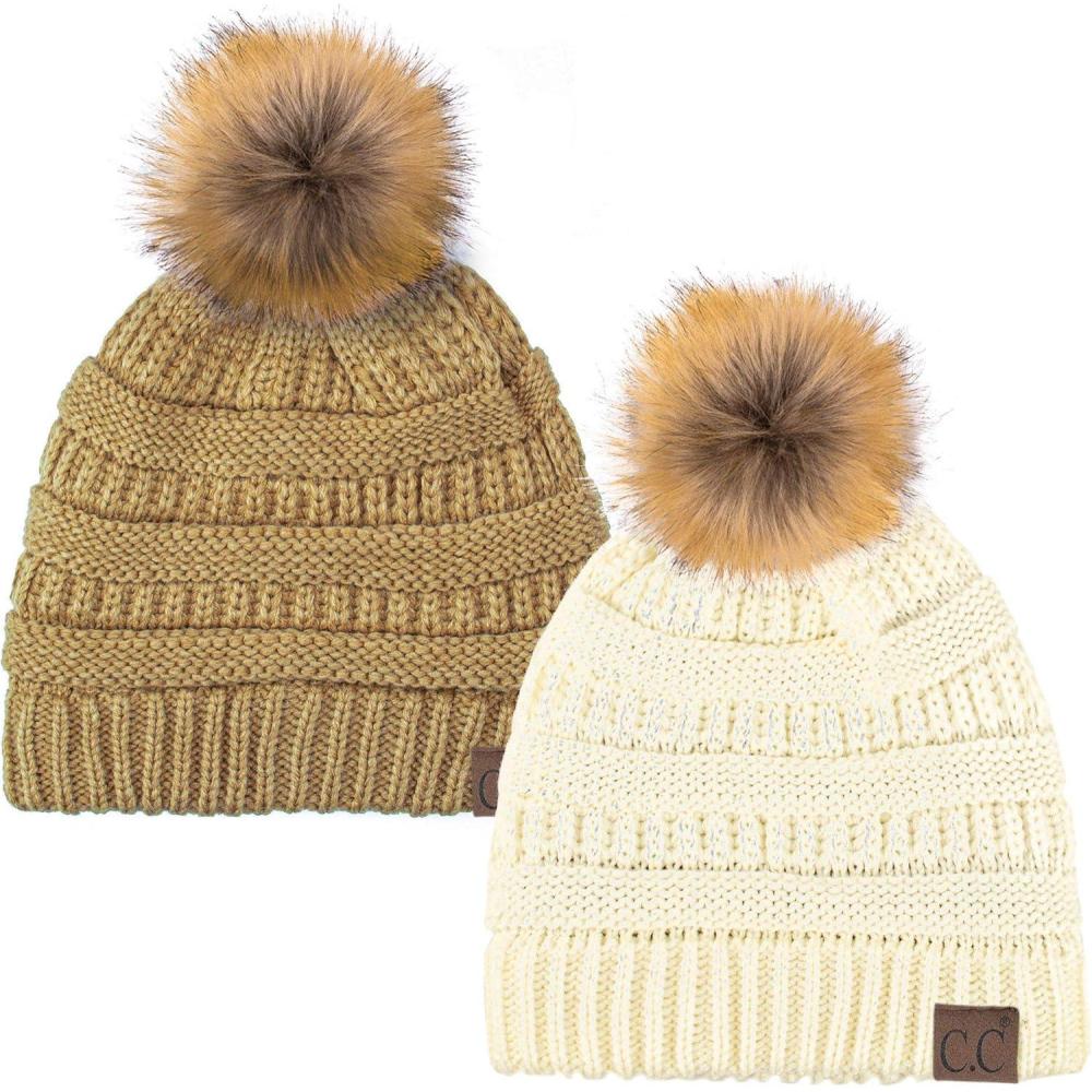 imageCC Hat43 Thick Warm Cap Hat Skully Faux Fur Pom Pom Cable Knit Beanie 2 PackIvoryCamel