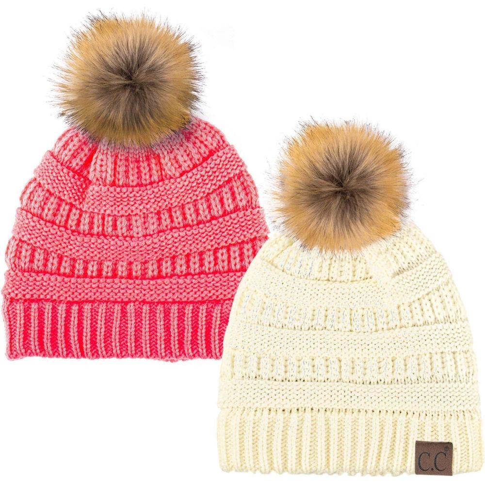 imageCC Hat43 Thick Warm Cap Hat Skully Faux Fur Pom Pom Cable Knit Beanie 2 PackIvoryCandy Pink