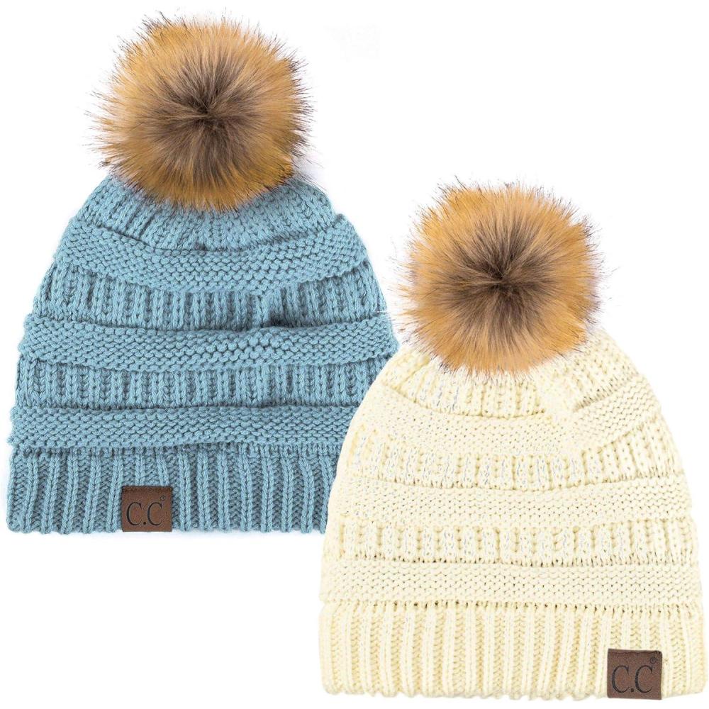 imageCC Hat43 Thick Warm Cap Hat Skully Faux Fur Pom Pom Cable Knit Beanie 2 PackIvoryDenim