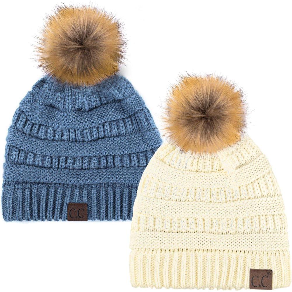 imageCC Hat43 Thick Warm Cap Hat Skully Faux Fur Pom Pom Cable Knit Beanie 2 PackIvoryDk Denim