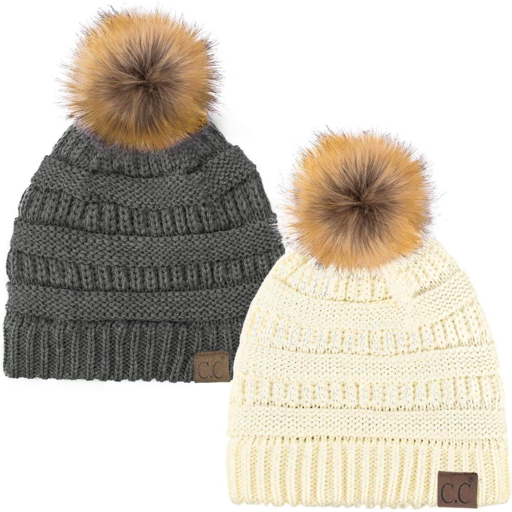 imageCC Hat43 Thick Warm Cap Hat Skully Faux Fur Pom Pom Cable Knit Beanie 2 PackIvoryDk Melange