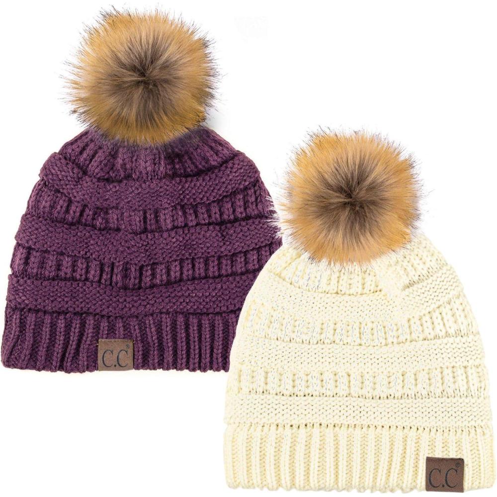 imageCC Hat43 Thick Warm Cap Hat Skully Faux Fur Pom Pom Cable Knit Beanie 2 PackIvoryDk Purple