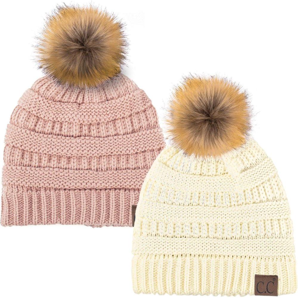 imageCC Hat43 Thick Warm Cap Hat Skully Faux Fur Pom Pom Cable Knit Beanie 2 PackIvoryIndi Pink