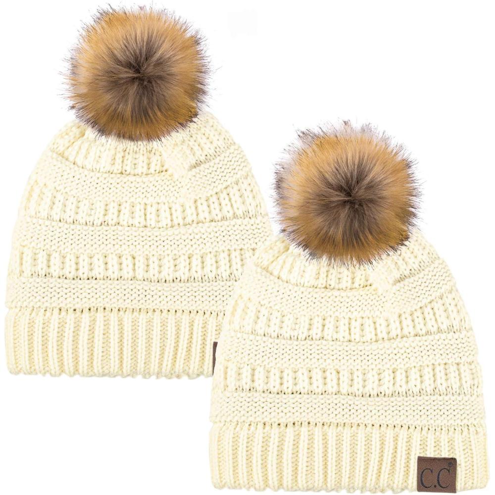 imageCC Hat43 Thick Warm Cap Hat Skully Faux Fur Pom Pom Cable Knit Beanie 2 PackIvoryIvory