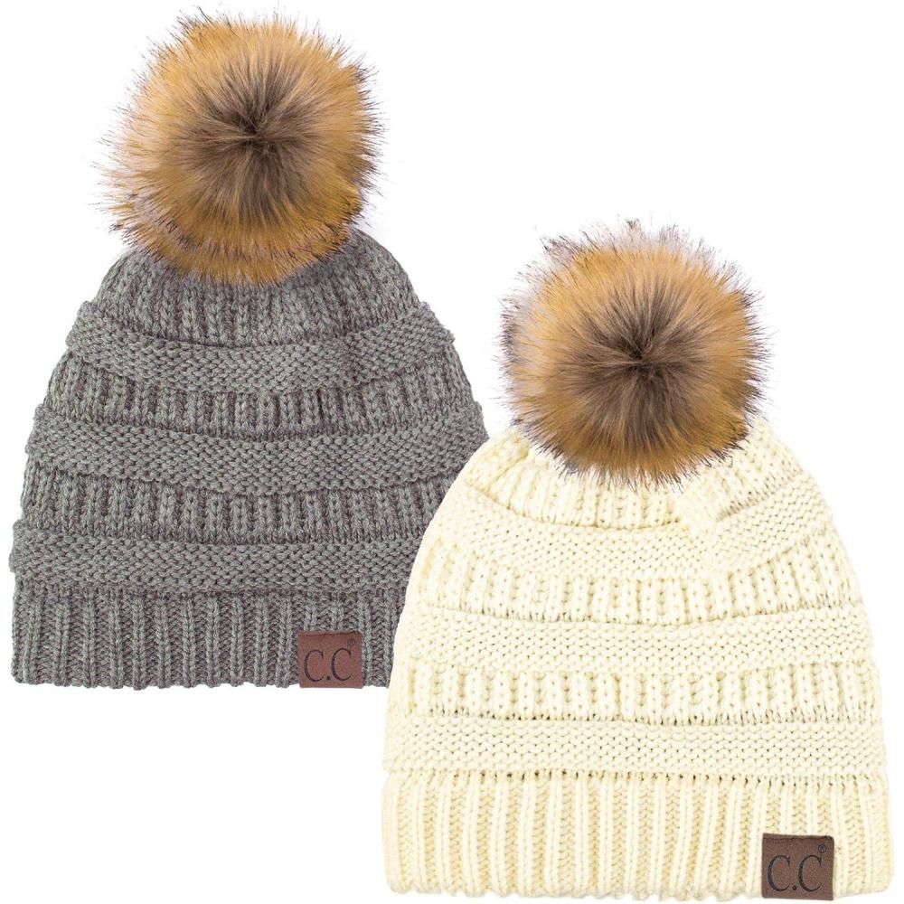 imageCC Hat43 Thick Warm Cap Hat Skully Faux Fur Pom Pom Cable Knit Beanie 2 PackIvoryLt Melange