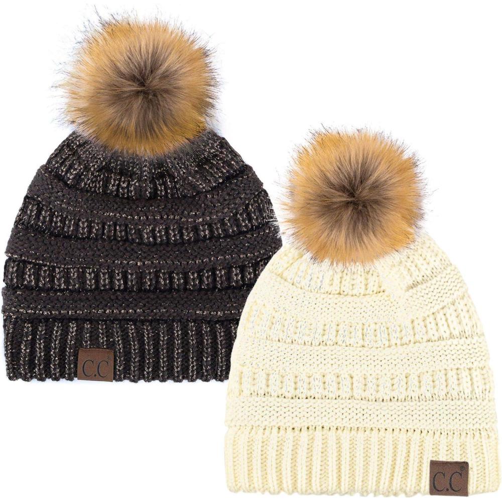 imageCC Hat43 Thick Warm Cap Hat Skully Faux Fur Pom Pom Cable Knit Beanie 2 PackIvoryMetallic Brown