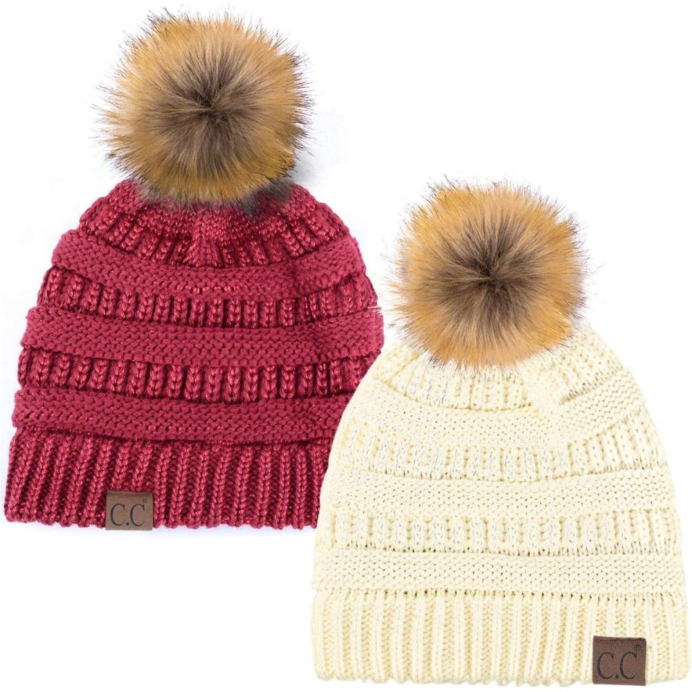 imageCC Hat43 Thick Warm Cap Hat Skully Faux Fur Pom Pom Cable Knit Beanie 2 PackIvoryMetallic Burgundy