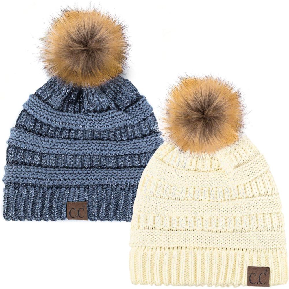 imageCC Hat43 Thick Warm Cap Hat Skully Faux Fur Pom Pom Cable Knit Beanie 2 PackIvoryMetallic Dk Denim