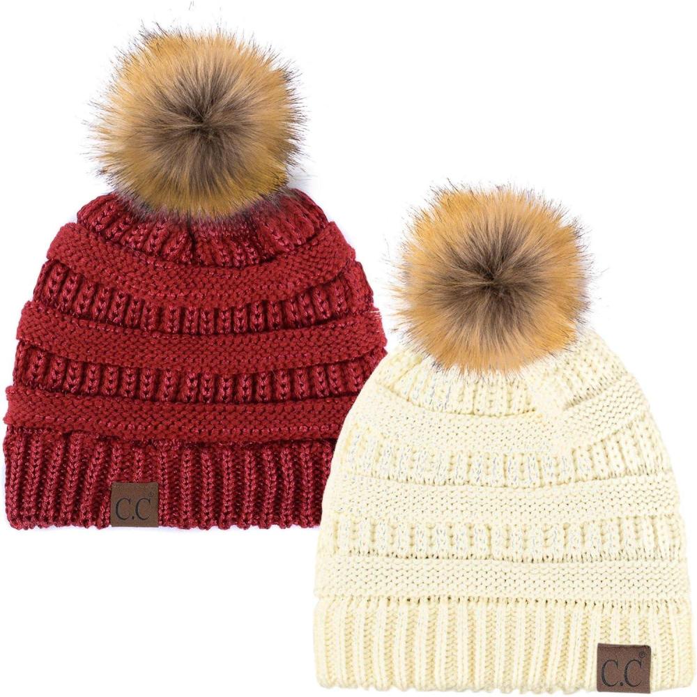imageCC Hat43 Thick Warm Cap Hat Skully Faux Fur Pom Pom Cable Knit Beanie 2 PackIvoryMetallic Red
