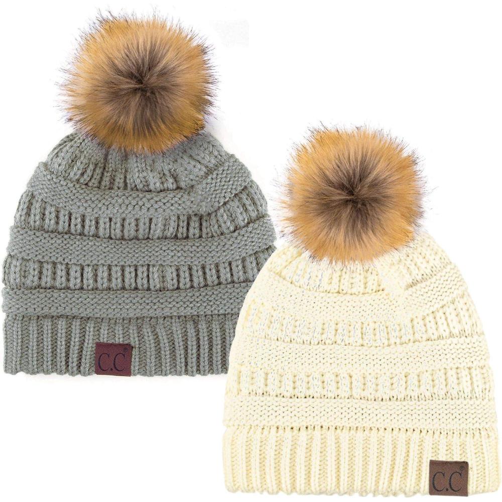 imageCC Hat43 Thick Warm Cap Hat Skully Faux Fur Pom Pom Cable Knit Beanie 2 PackIvoryNatural Grey