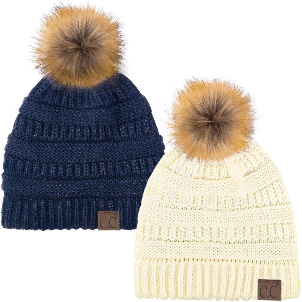 imageCC Hat43 Thick Warm Cap Hat Skully Faux Fur Pom Pom Cable Knit Beanie 2 PackIvoryNavy