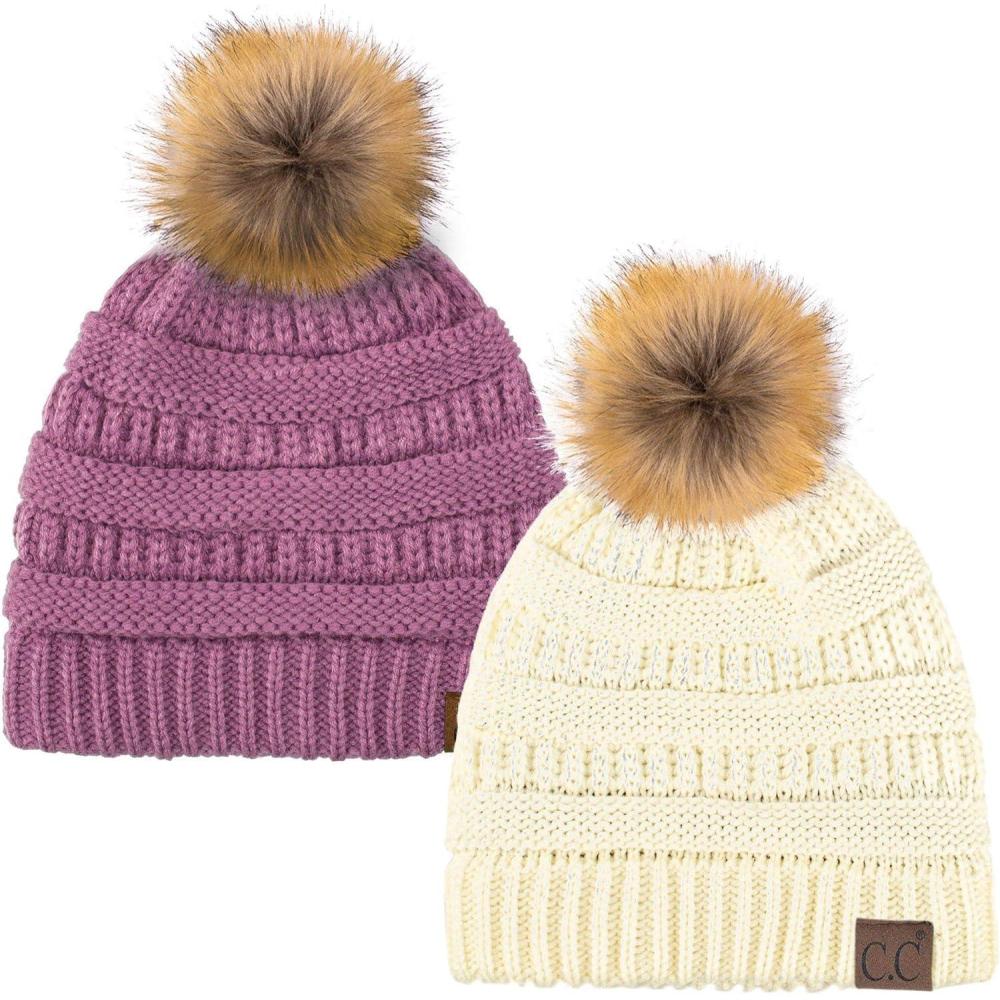 imageCC Hat43 Thick Warm Cap Hat Skully Faux Fur Pom Pom Cable Knit Beanie 2 PackIvoryNew Lavender