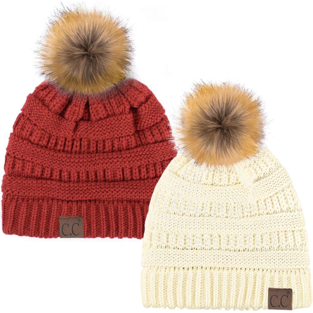 imageCC Hat43 Thick Warm Cap Hat Skully Faux Fur Pom Pom Cable Knit Beanie 2 PackIvoryRed
