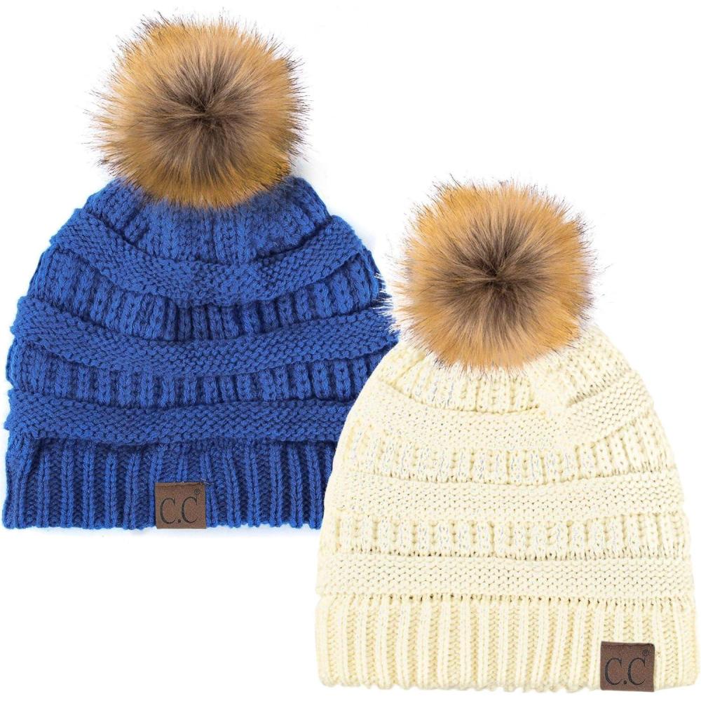 imageCC Hat43 Thick Warm Cap Hat Skully Faux Fur Pom Pom Cable Knit Beanie 2 PackIvoryRoyal