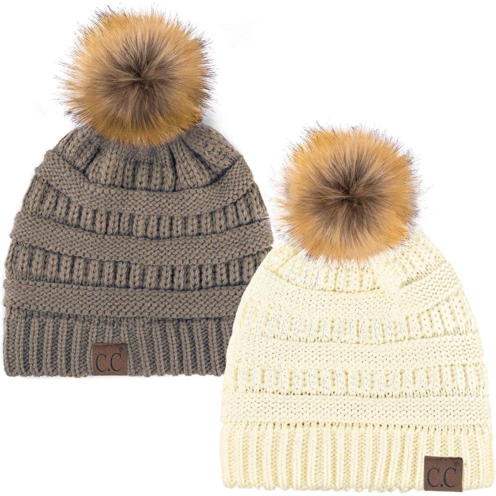 imageCC Hat43 Thick Warm Cap Hat Skully Faux Fur Pom Pom Cable Knit Beanie 2 PackIvoryTaupe