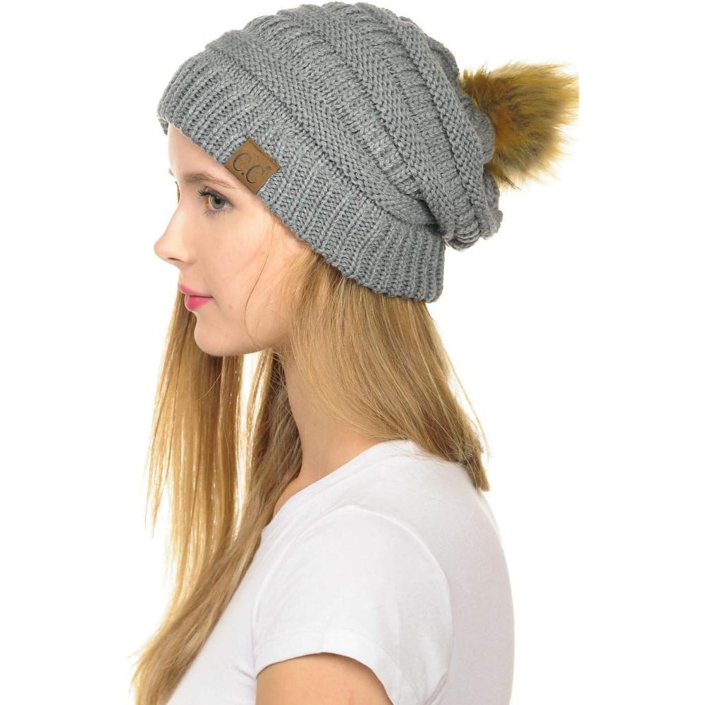 imageCC Hat43 Thick Warm Cap Hat Skully Faux Fur Pom Pom Cable Knit Beanie 2 PackLight Melange