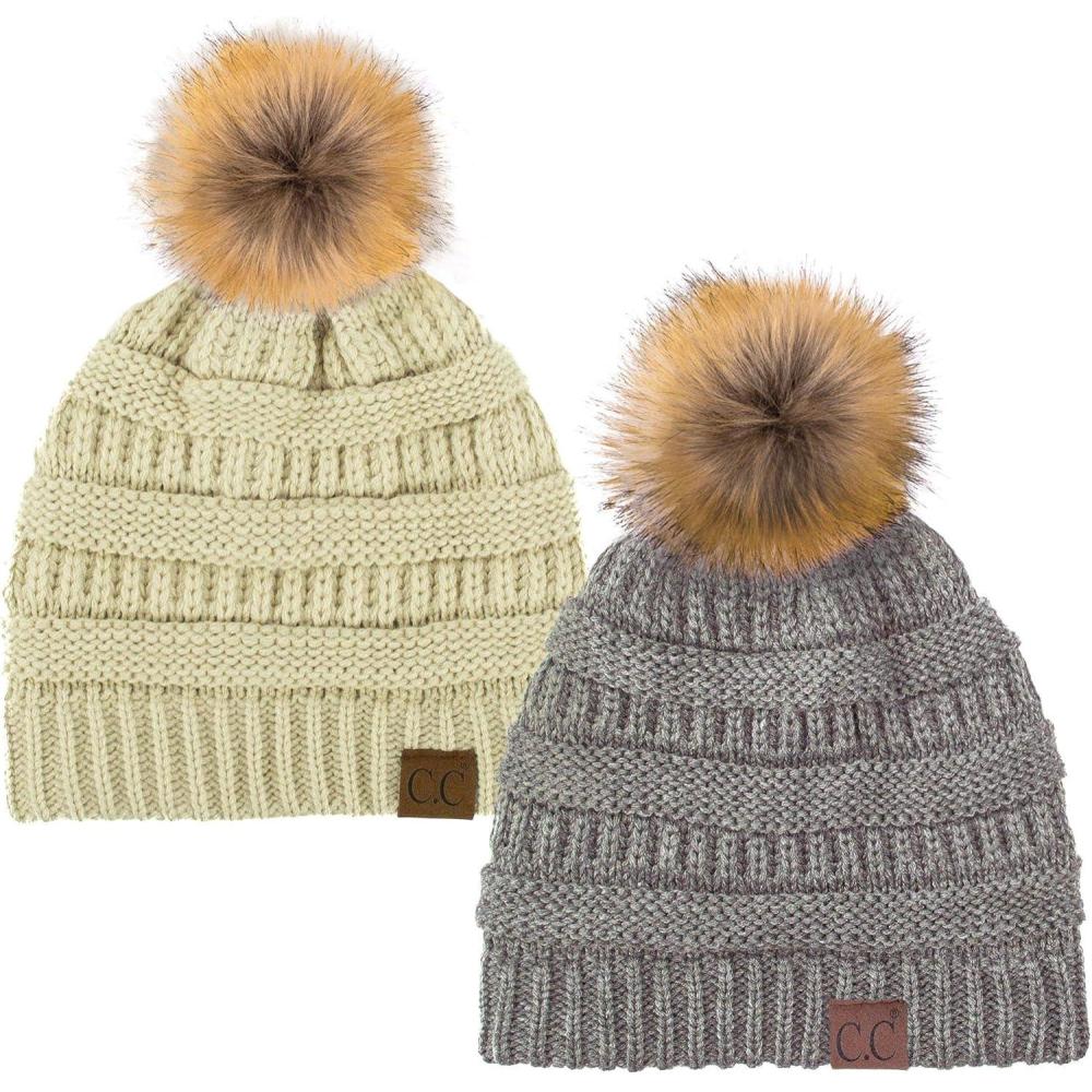 imageCC Hat43 Thick Warm Cap Hat Skully Faux Fur Pom Pom Cable Knit Beanie 2 PackLt MelangeBeige