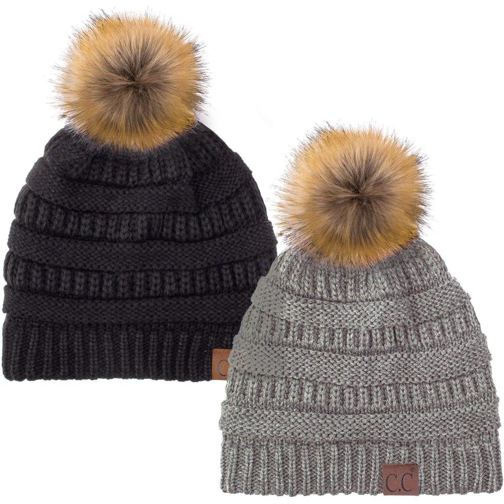 imageCC Hat43 Thick Warm Cap Hat Skully Faux Fur Pom Pom Cable Knit Beanie 2 PackLt MelangeBlack