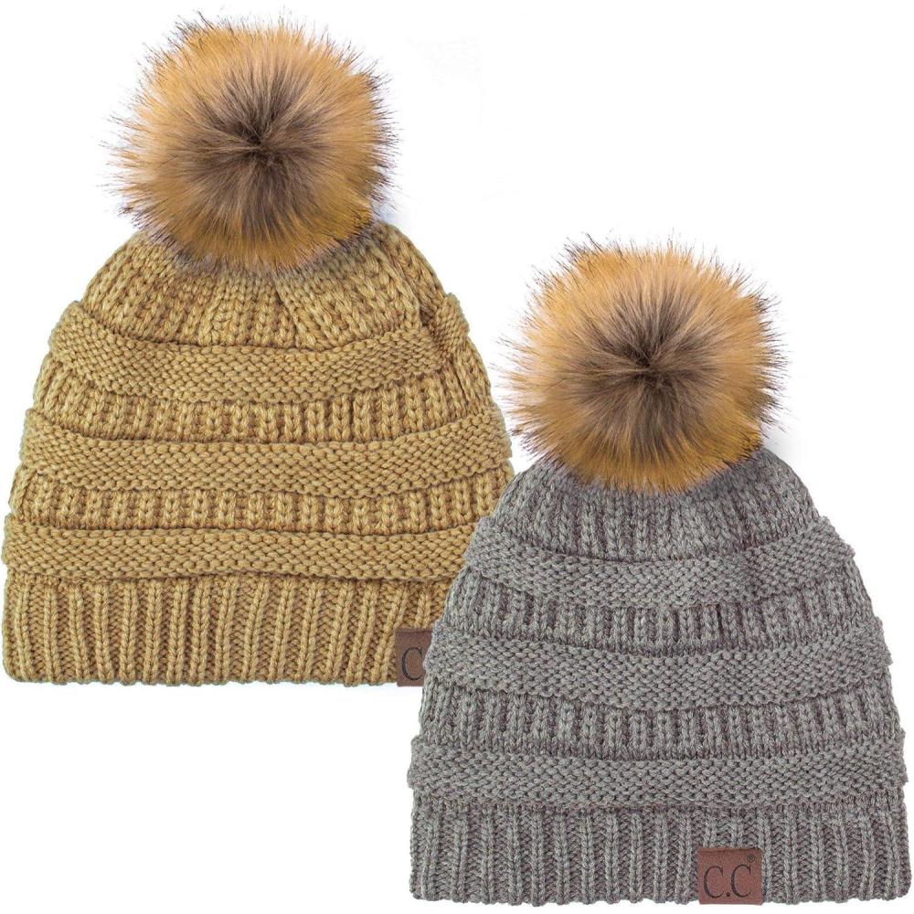 imageCC Hat43 Thick Warm Cap Hat Skully Faux Fur Pom Pom Cable Knit Beanie 2 PackLt MelangeCamel
