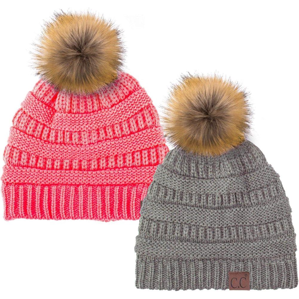 imageCC Hat43 Thick Warm Cap Hat Skully Faux Fur Pom Pom Cable Knit Beanie 2 PackLt MelangeCandy Pink