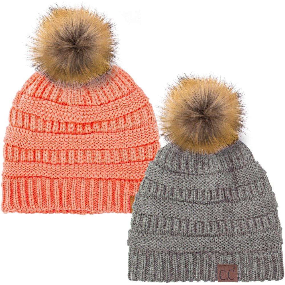 imageCC Hat43 Thick Warm Cap Hat Skully Faux Fur Pom Pom Cable Knit Beanie 2 PackLt MelangeCoral