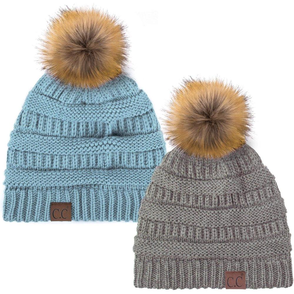 imageCC Hat43 Thick Warm Cap Hat Skully Faux Fur Pom Pom Cable Knit Beanie 2 PackLt MelangeDenim