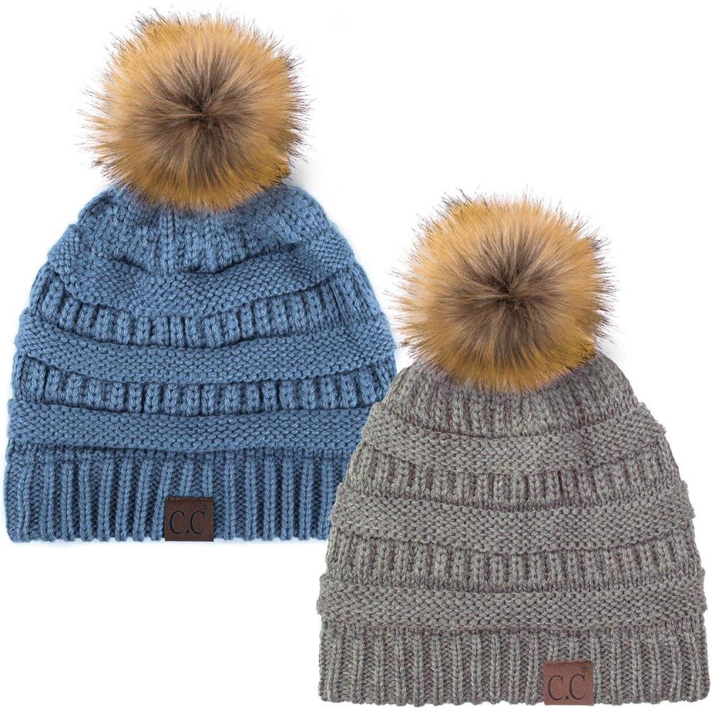 imageCC Hat43 Thick Warm Cap Hat Skully Faux Fur Pom Pom Cable Knit Beanie 2 PackLt MelangeDk Denim