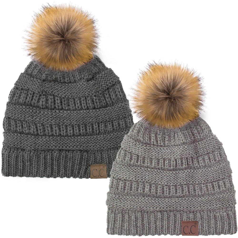 imageCC Hat43 Thick Warm Cap Hat Skully Faux Fur Pom Pom Cable Knit Beanie 2 PackLt MelangeDk Melange