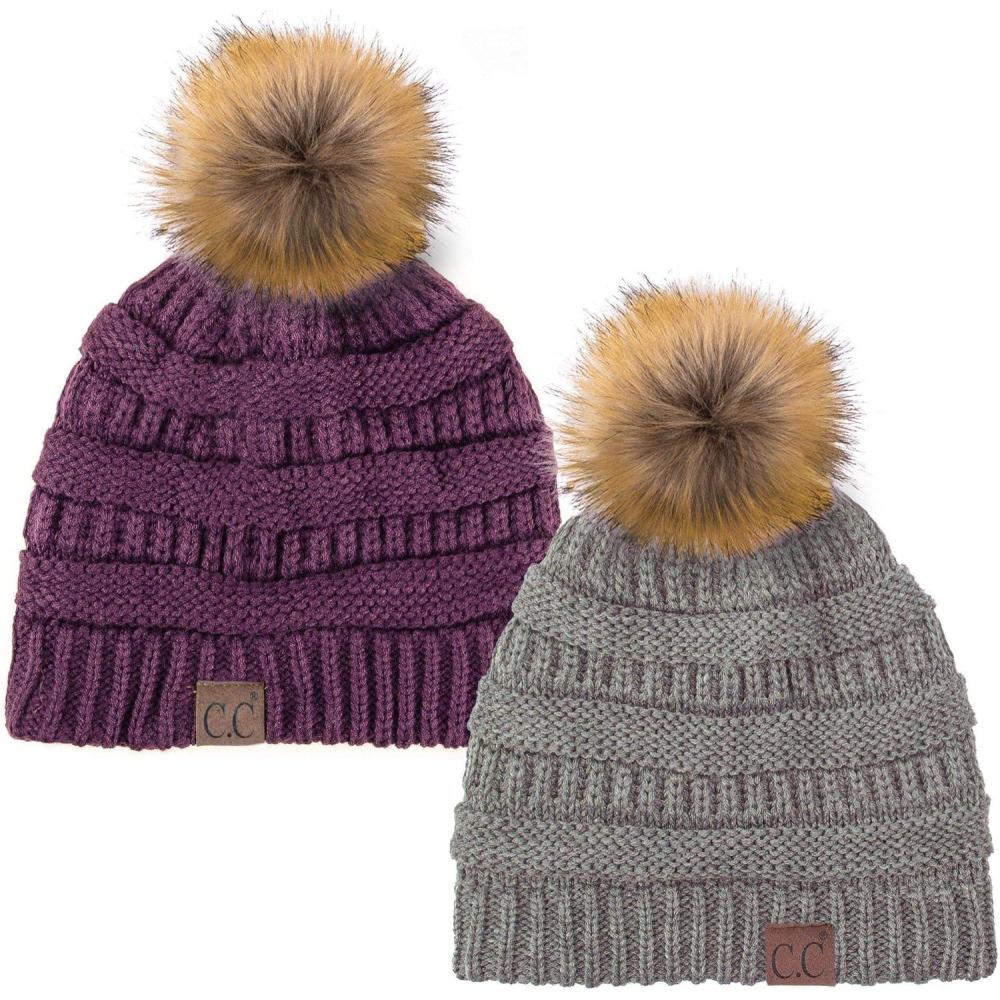 imageCC Hat43 Thick Warm Cap Hat Skully Faux Fur Pom Pom Cable Knit Beanie 2 PackLt MelangeDk Purple