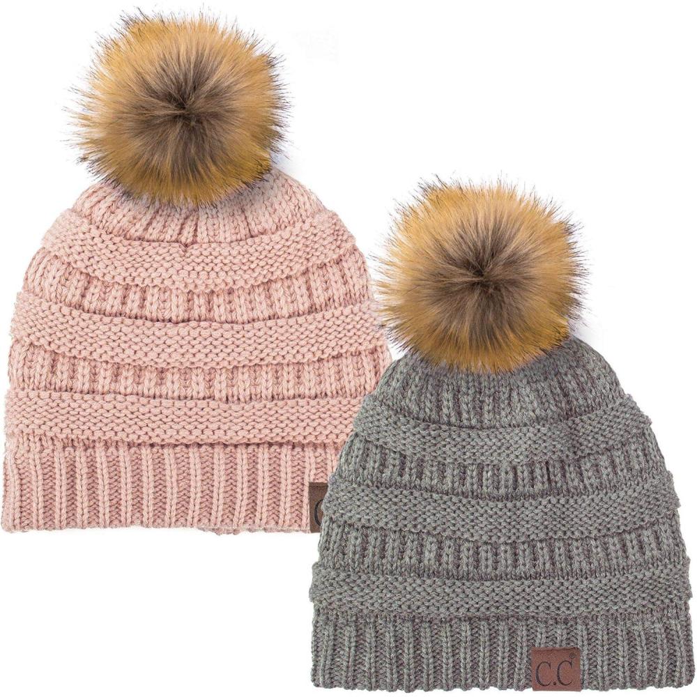 imageCC Hat43 Thick Warm Cap Hat Skully Faux Fur Pom Pom Cable Knit Beanie 2 PackLt MelangeIndi Pink