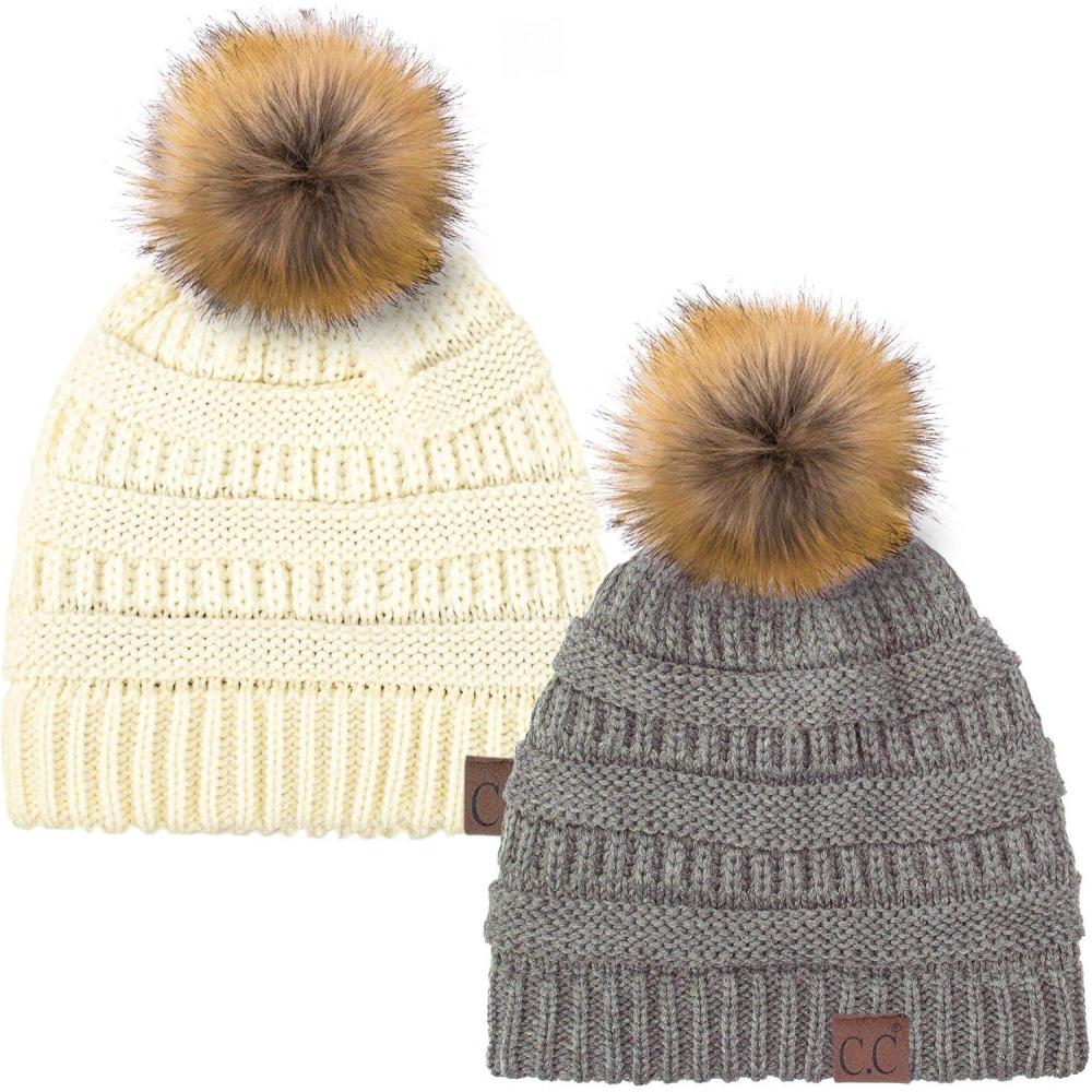 imageCC Hat43 Thick Warm Cap Hat Skully Faux Fur Pom Pom Cable Knit Beanie 2 PackLt MelangeIvory