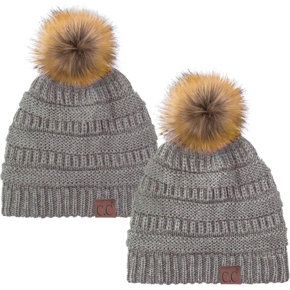 imageCC Hat43 Thick Warm Cap Hat Skully Faux Fur Pom Pom Cable Knit Beanie 2 PackLt MelangeLt Melange