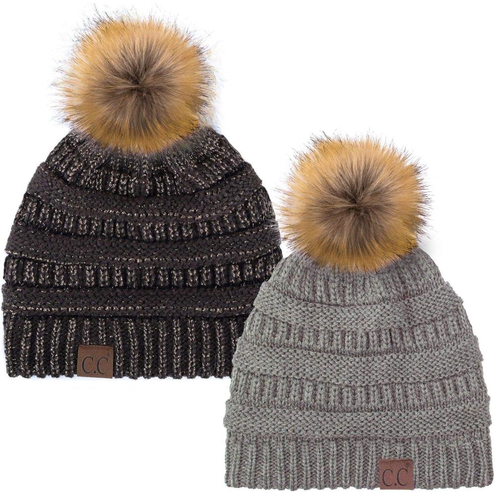 imageCC Hat43 Thick Warm Cap Hat Skully Faux Fur Pom Pom Cable Knit Beanie 2 PackLt MelangeMetallic Brown