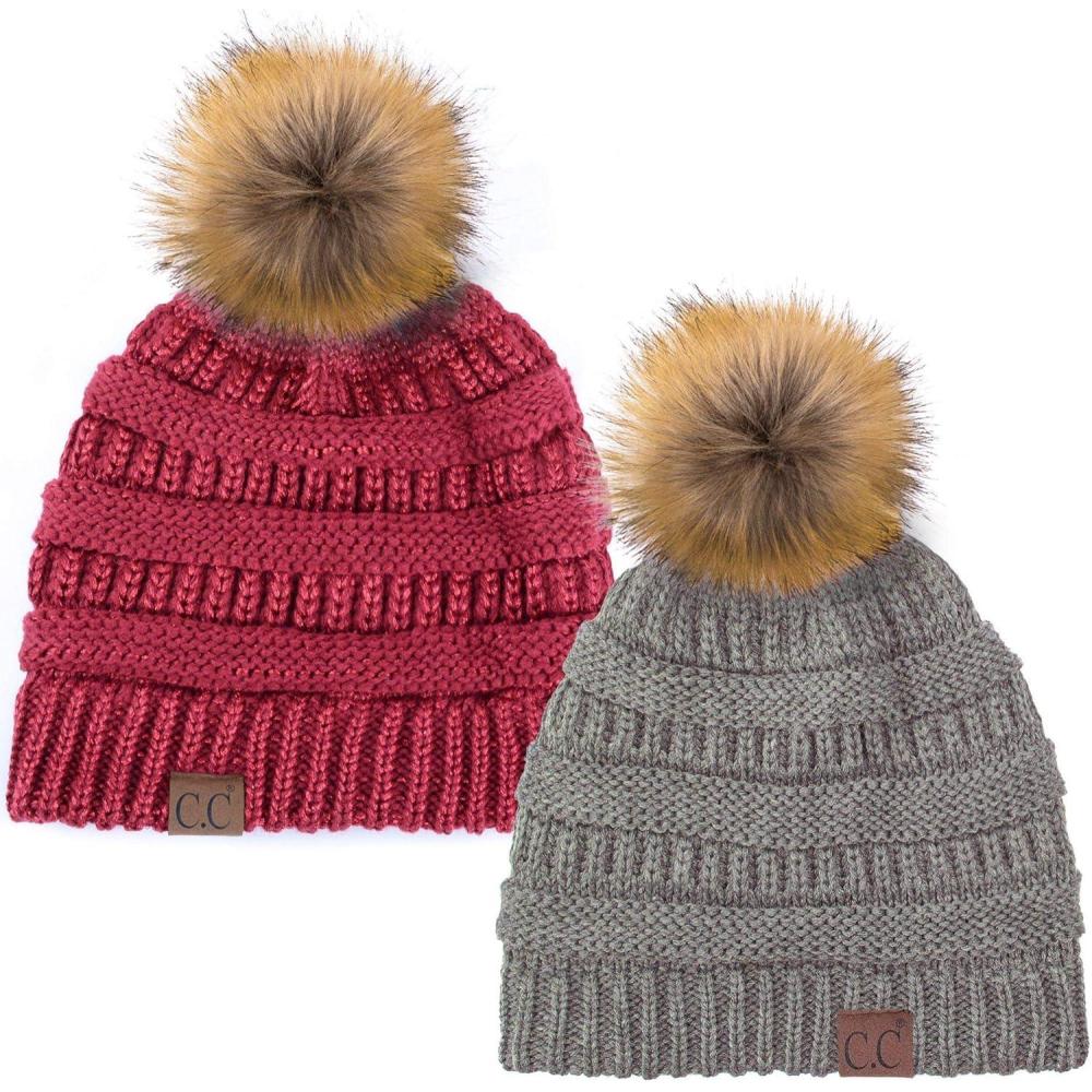 imageCC Hat43 Thick Warm Cap Hat Skully Faux Fur Pom Pom Cable Knit Beanie 2 PackLt MelangeMetallic Burgundy
