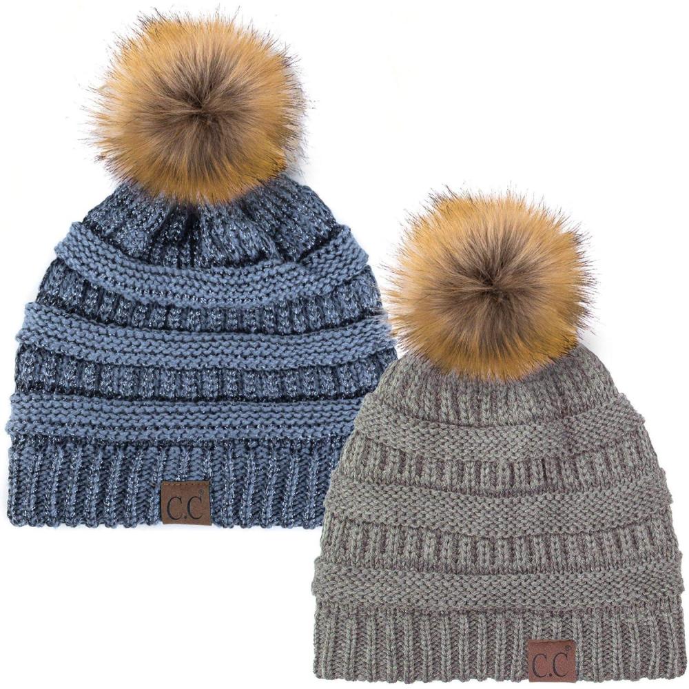 imageCC Hat43 Thick Warm Cap Hat Skully Faux Fur Pom Pom Cable Knit Beanie 2 PackLt MelangeMetallic Dk Denim