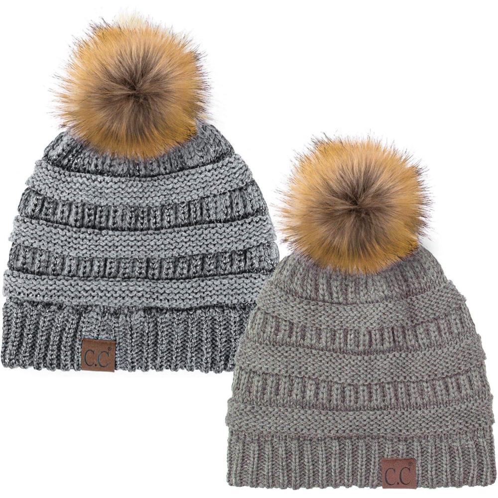 imageCC Hat43 Thick Warm Cap Hat Skully Faux Fur Pom Pom Cable Knit Beanie 2 PackLt MelangeMetallic Dk Melange