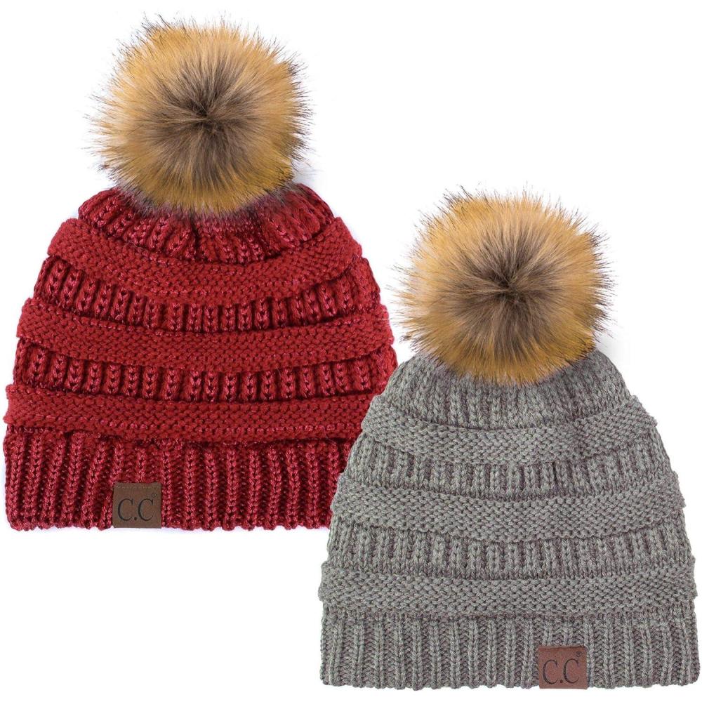 imageCC Hat43 Thick Warm Cap Hat Skully Faux Fur Pom Pom Cable Knit Beanie 2 PackLt MelangeMetallic Red