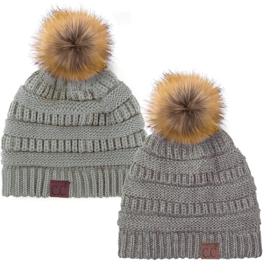 imageCC Hat43 Thick Warm Cap Hat Skully Faux Fur Pom Pom Cable Knit Beanie 2 PackLt MelangeNatural Grey