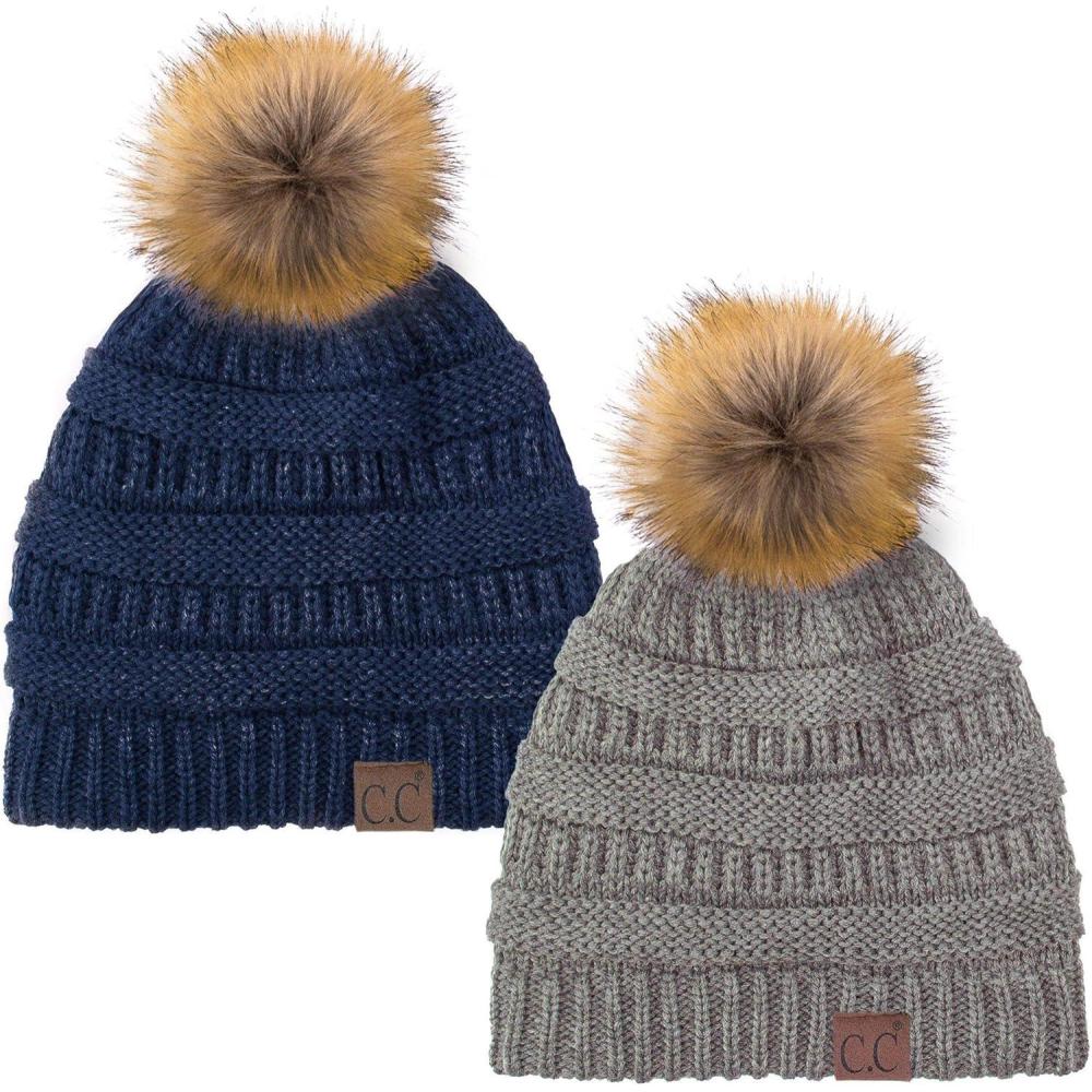imageCC Hat43 Thick Warm Cap Hat Skully Faux Fur Pom Pom Cable Knit Beanie 2 PackLt MelangeNavy