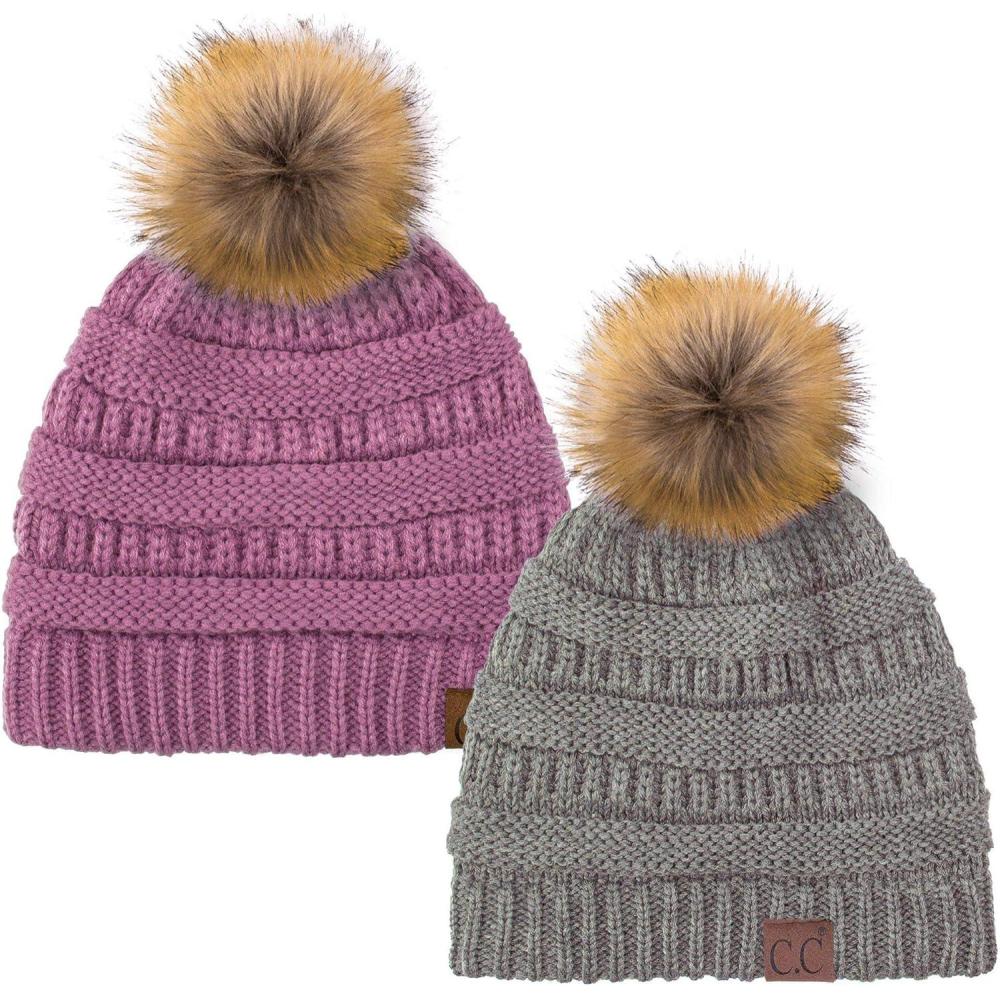 imageCC Hat43 Thick Warm Cap Hat Skully Faux Fur Pom Pom Cable Knit Beanie 2 PackLt MelangeNew Lavender