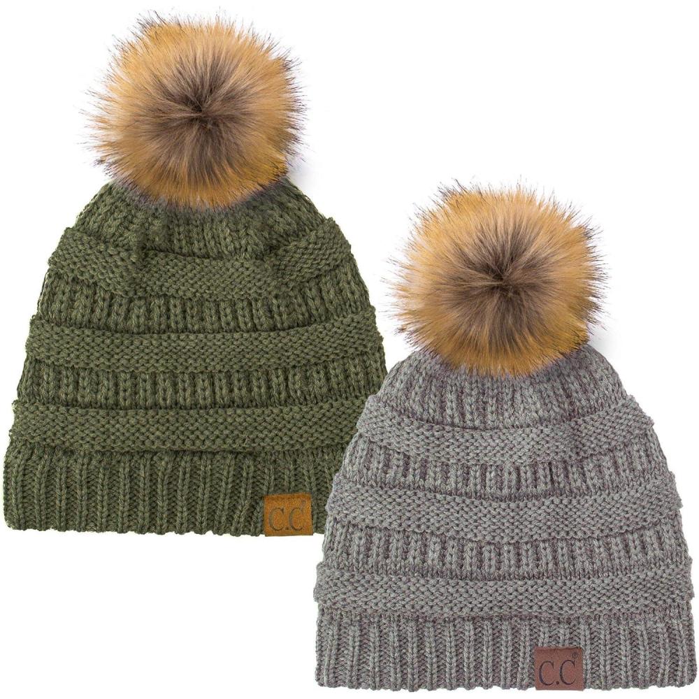 imageCC Hat43 Thick Warm Cap Hat Skully Faux Fur Pom Pom Cable Knit Beanie 2 PackLt MelangeNew Olive