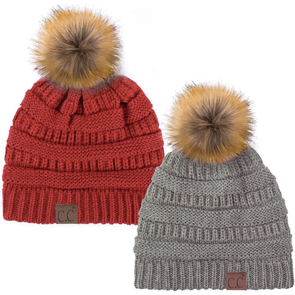 imageCC Hat43 Thick Warm Cap Hat Skully Faux Fur Pom Pom Cable Knit Beanie 2 PackLt MelangeRed