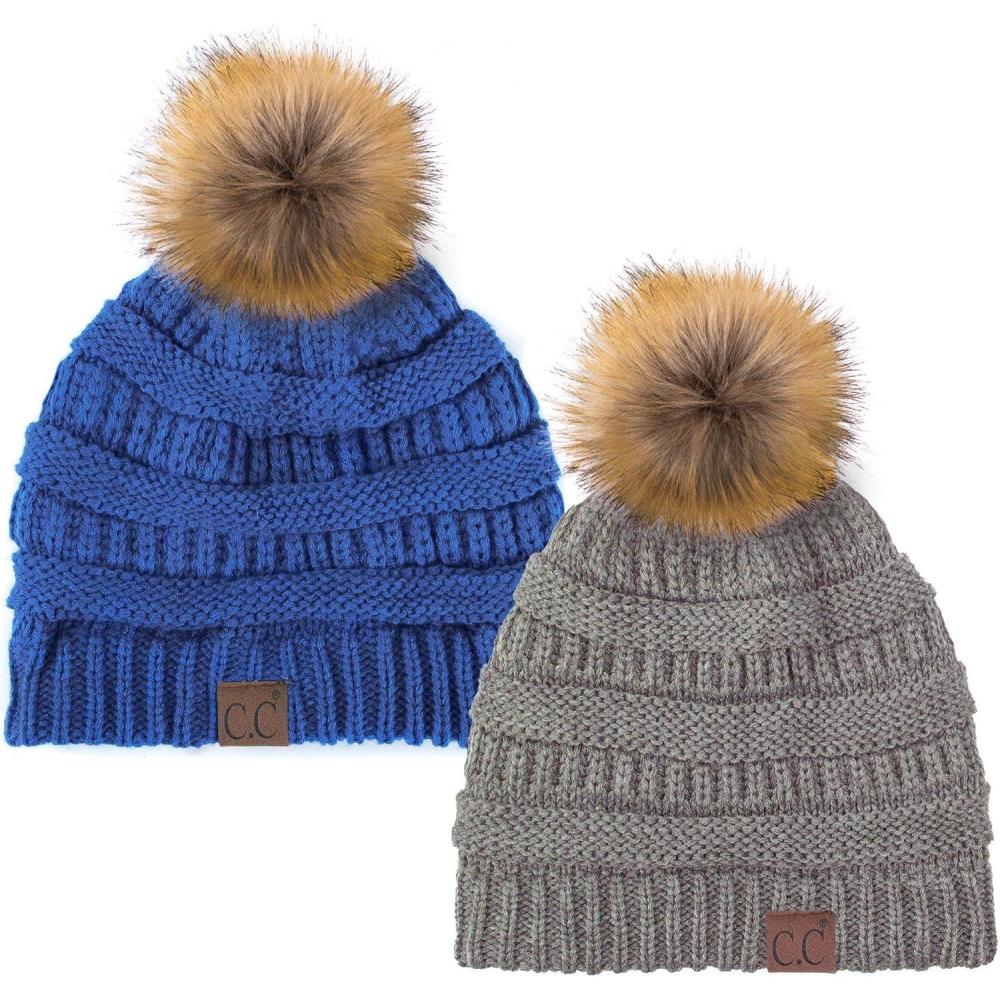 imageCC Hat43 Thick Warm Cap Hat Skully Faux Fur Pom Pom Cable Knit Beanie 2 PackLt MelangeRoyal