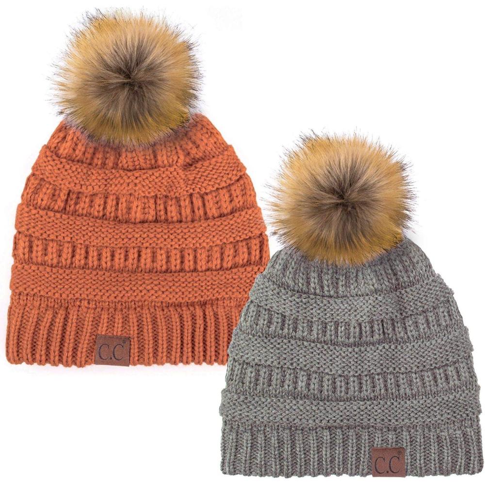 imageCC Hat43 Thick Warm Cap Hat Skully Faux Fur Pom Pom Cable Knit Beanie 2 PackLt MelangeRust