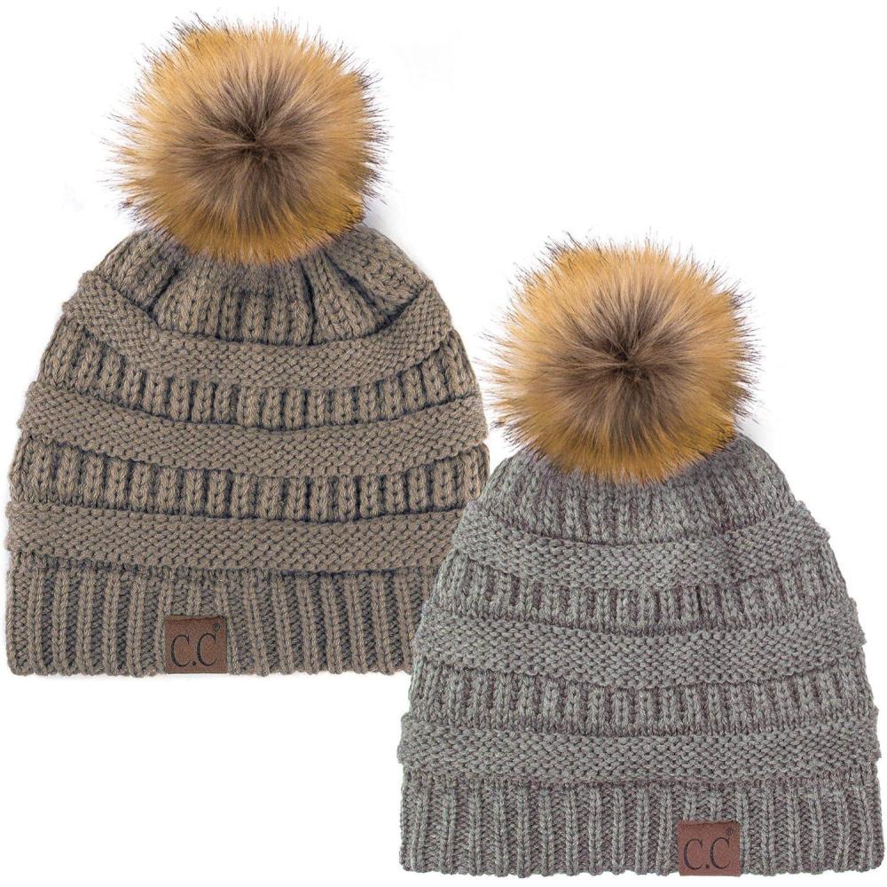imageCC Hat43 Thick Warm Cap Hat Skully Faux Fur Pom Pom Cable Knit Beanie 2 PackLt MelangeTaupe